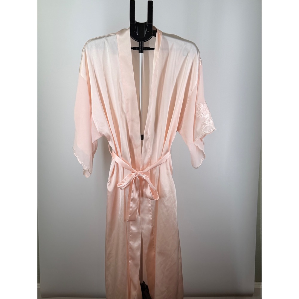 Vintage Val Mode Lingerie Pink Satin‎ Long Robe Chiffon Sleeves Medium